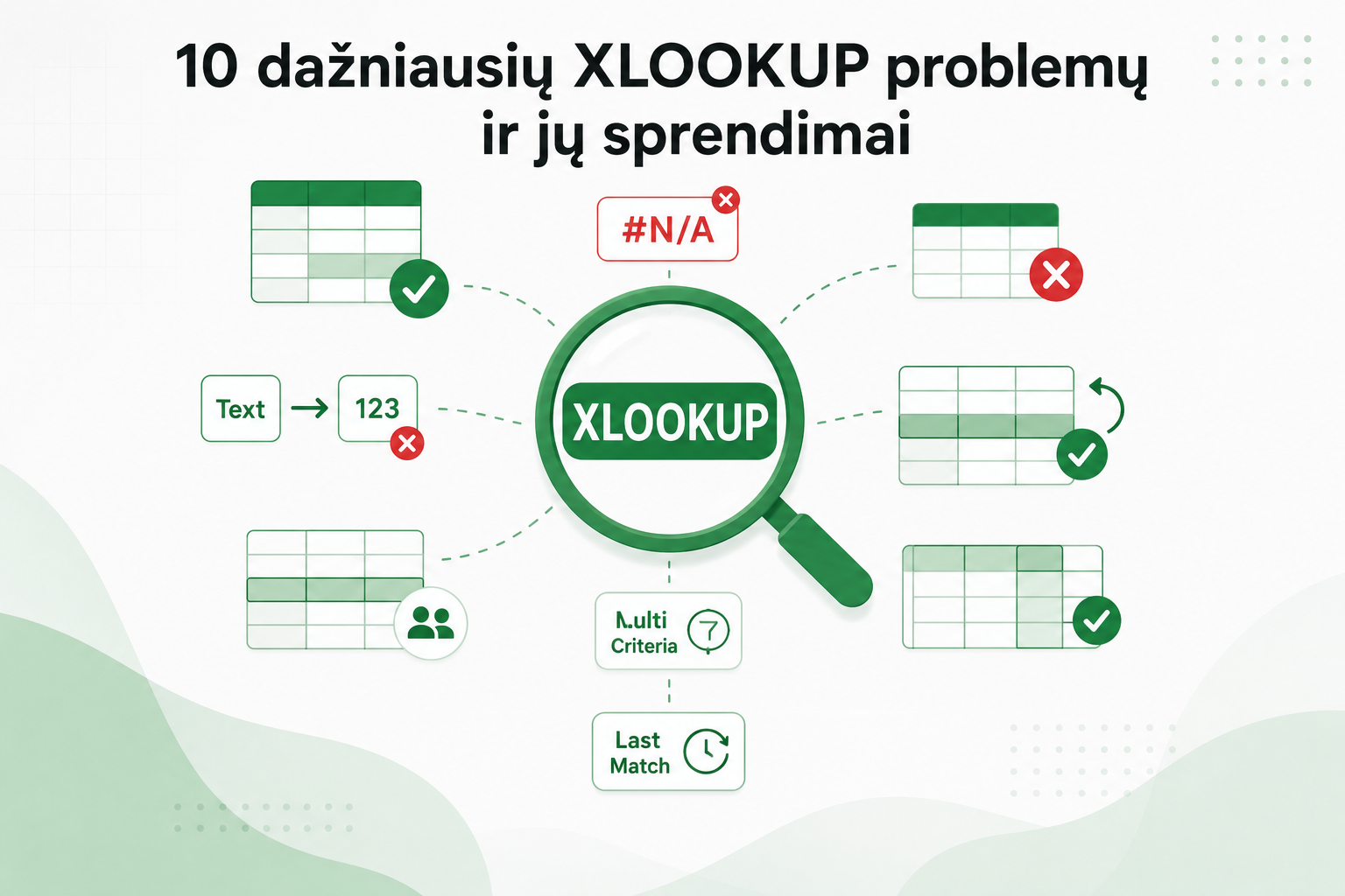 Dažniausių XLOOKUP problemų žemėlapis Excel lentelėse