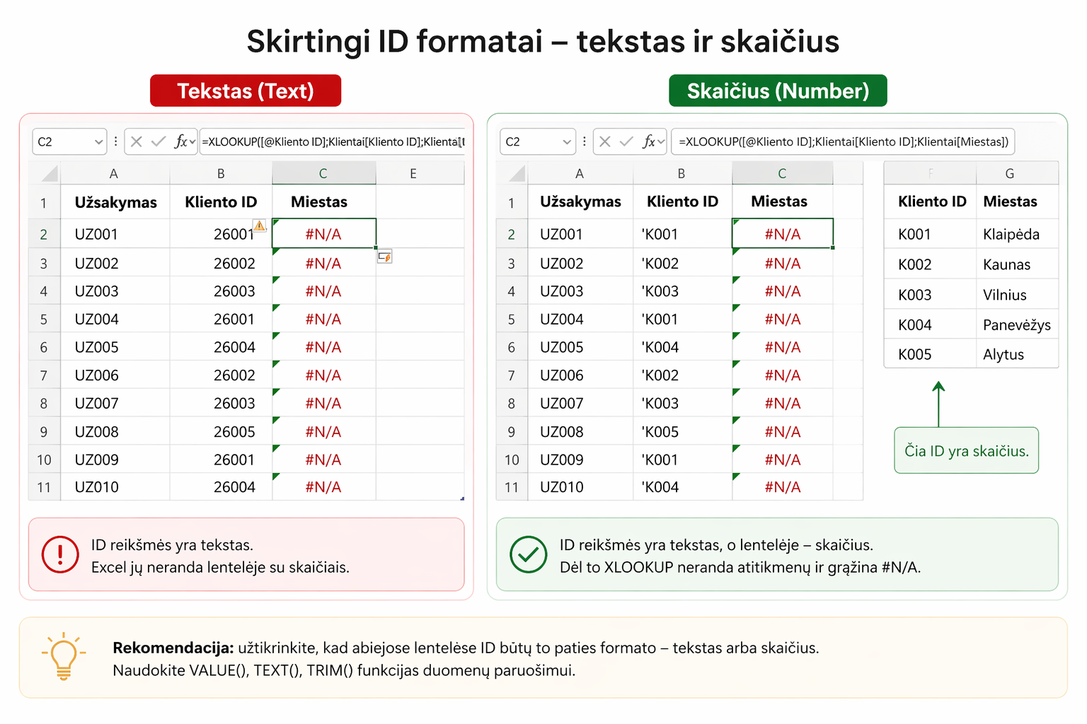 Skirtingi ID formatai tekstas ir skaičius Excel