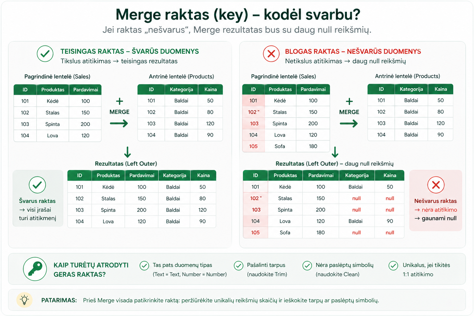 Power Query Merge raktas ir null reikšmės