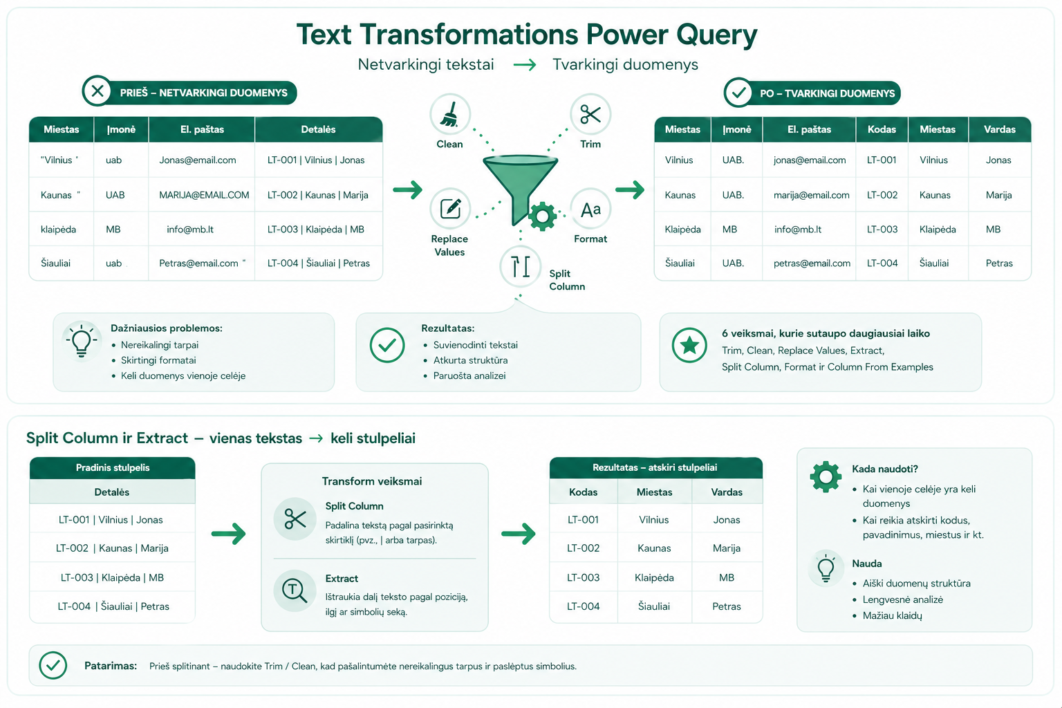 Power Query Text Transformations pavyzdys prieš ir po
