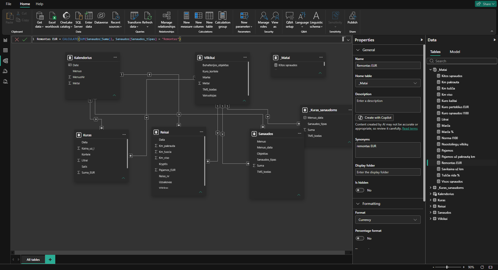 Power BI žvaigždės modelis: septynios lentelės, šeši ryšiai